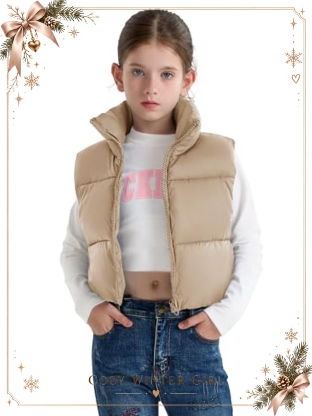 Girls Faux-Down Puffer Vest Sleeveless Winter Jacket Hooded Zip